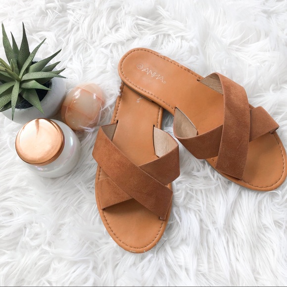 Anna Shoes - ANNA Suede Cognac Slide Sandals Size 9